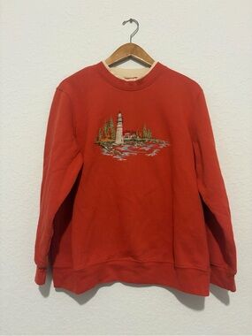 Orange Cottage Core Crewneck Sweater with Lighthouse Embroidery